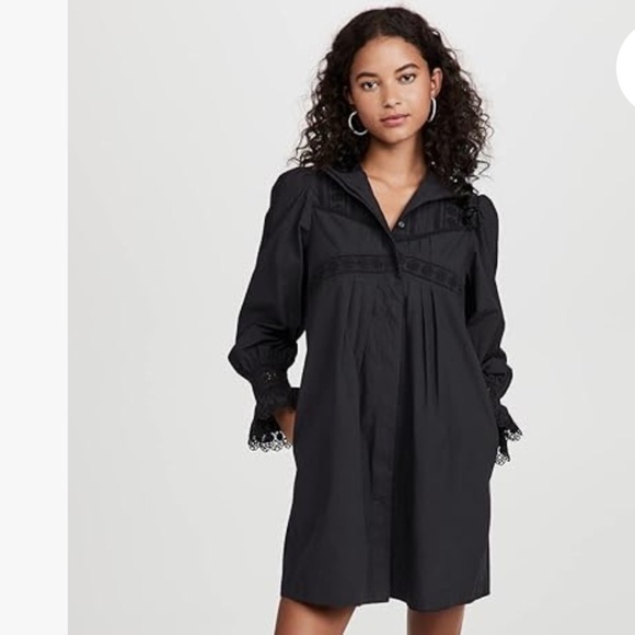 Rebecca Taylor Lace Mock Neck Long Sleeve Poplin cotton mini Dress black 0 - Picture 1 of 14